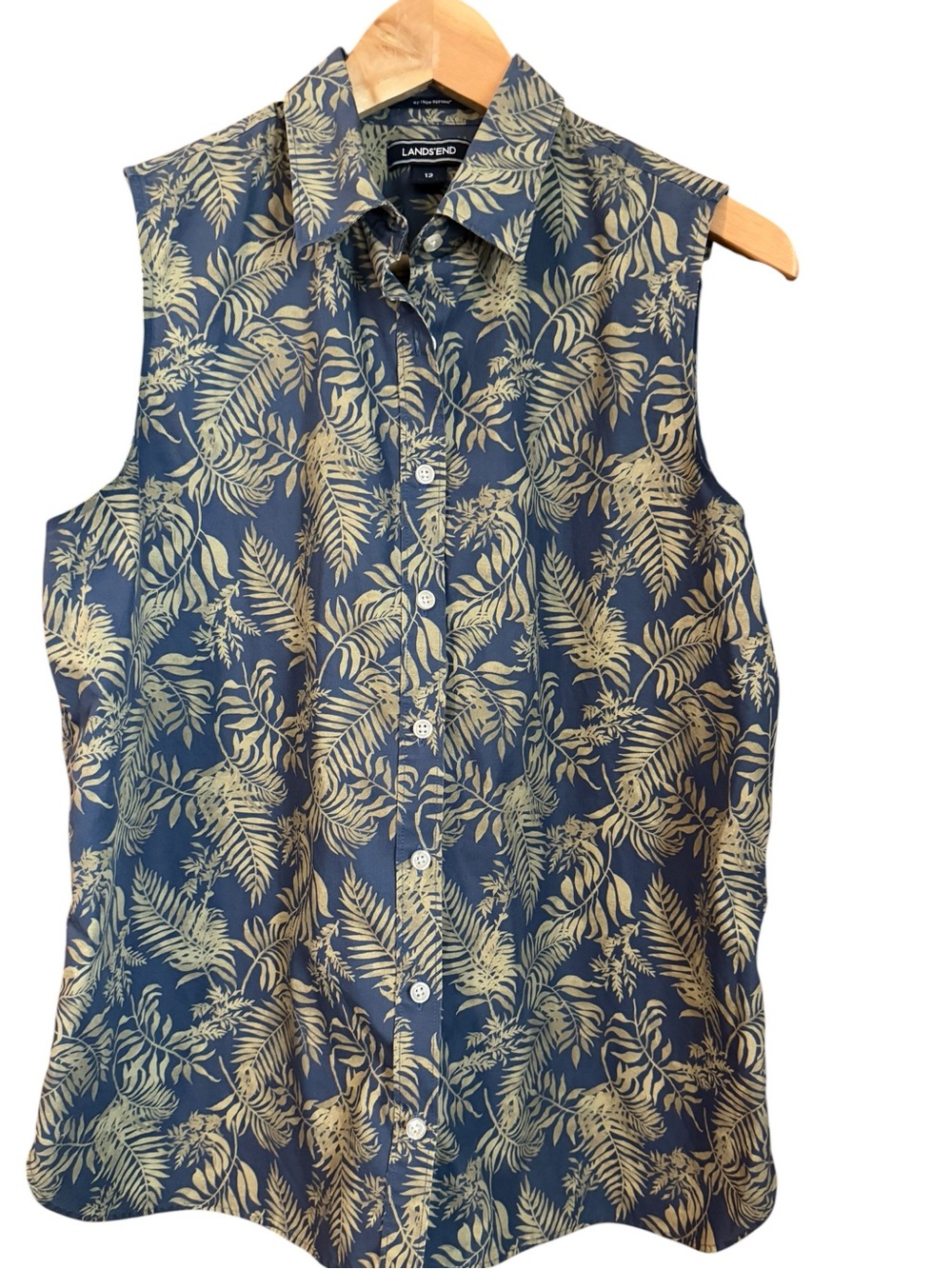 Lands' End Fern Botanical Print No Iron Supima Sleeveless Button-Down Shirt NWOT